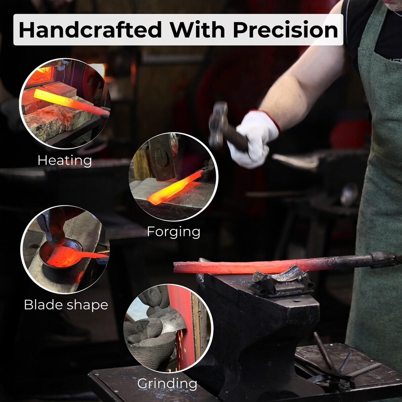 May include: Image showing the process of blacksmithing, with the text "Handcrafted With Precision" at the top. The image includes close-ups of heating, forging, blade shaping, and grinding metal. A blacksmith is shown working with a hammer.