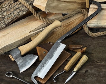 4-Piece Tool Set for Woodworking. 52100 Carbon Steel Blades, Ash Wood Handles, Leather Sheaths. Tools for Furniture Building, Spoon Carving.