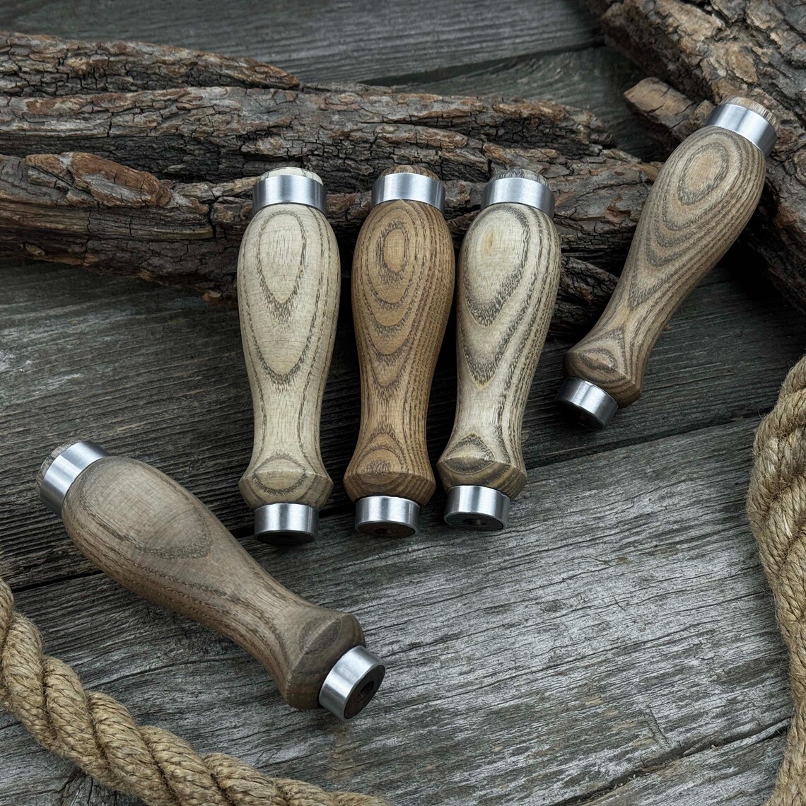Set of 5 Round Ash Wood Handles With Aluminum Rings – Replacement ...