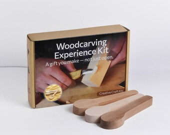 DIY 3-Spoon Carving Kit for Beginners – Spoon Making Set with Linden, Cherry & Oak Blanks, Whittling Tools and Video Guide