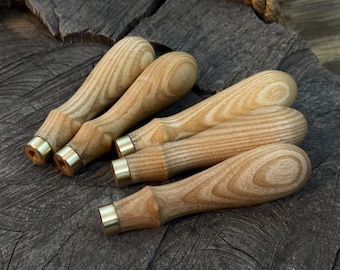 Set of 5 Ash Wood Replacement Handles with Brass Ring. Ergonomic Handles for Chisels, Carving Knives, Gouges & Woodworking Tool Restoration.