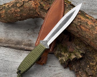 Throwing Knife (Not Sharpened) – Hand Forged 52100 Carbon Steel, Paracord Handle – Balanced Practice Knife with Leather Sheath