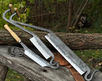 Stock Knives (Cloggers Knives). Sharp Blade is Protected by Leather Sheaths. Hand Forged from Hardened Carbon Steel, Ash Handle. Woodworking