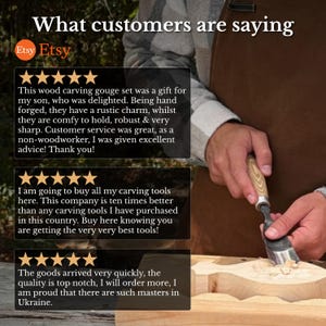 May include: A customer review graphic featuring the text What customers are saying and three five-star reviews about a wood carving gouge set. The image shows a person using a metal gouge with a wooden handle to carve a piece of light wood.