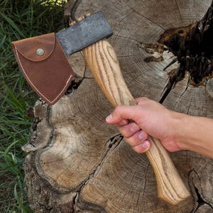 Spoon Carving Axe – Hand Forged Wood Carving Small Axe, Hardened 52100 Carbon Steel Blade, Ergonomic Ash Handle, Leather Sheath. Woodworking
