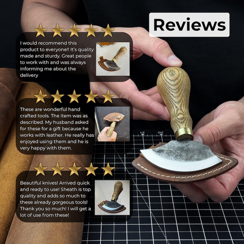 Small Leather Round Knife with Sheath. Razor Sharp Blade. Hand Forged from Hardened Carbon 52100 Steel, Ash Handle. Skiving Knife. Gift. image 9