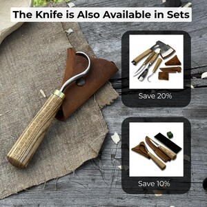 Forged Hook Knife for Wood Carving. Sharp Carbon Steel Blade, Ash Wood Handle, Leather Sheath. Beginners Knife for Carving Spoons, Bowls. image 10
