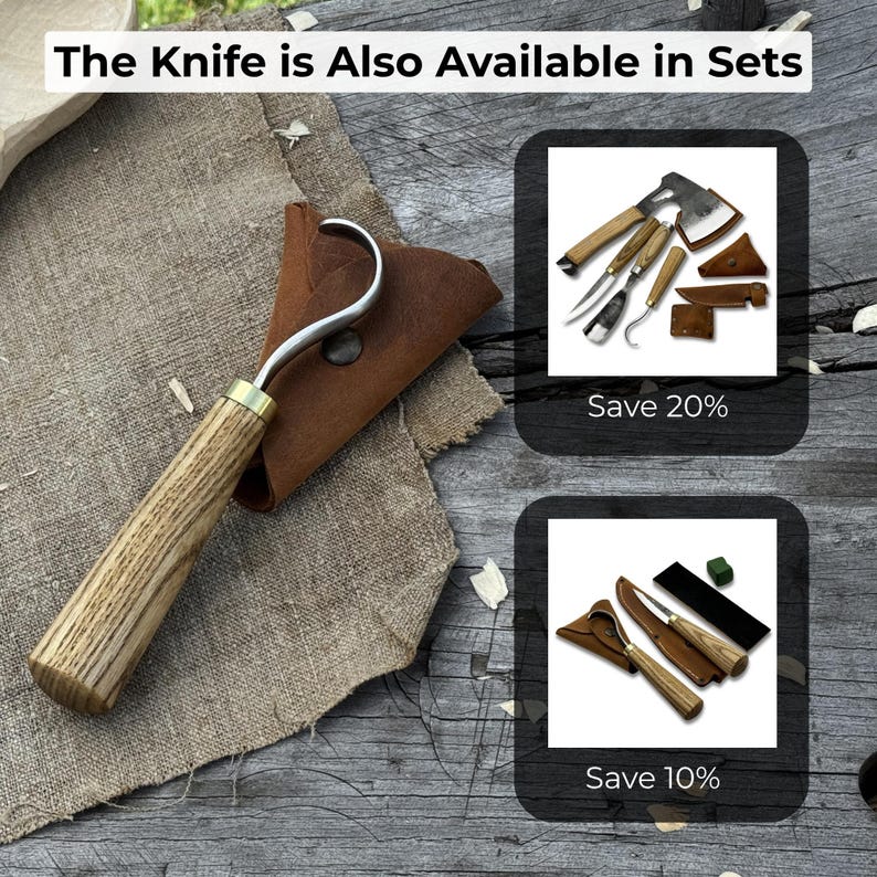 Forged Hook Knife for Wood Carving. Sharp Carbon Steel Blade, Ash Wood Handle, Leather Sheath. Beginners Knife for Carving Spoons, Bowls. image 10