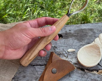 Spoon Carving Scorp Knife – Razor Sharp Forged 52100 Carbon Steel Blade, Ash Handle, Leather Sheath. Green Woodworking & Wood Carving Tool