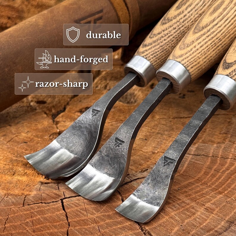 May include: Three hand-forged wood carving gouges with curved metal blades and light-colored wooden handles. Each blade features a small stamped logo and a textured finish. Text overlays include the words durable, hand-forged, and razor-sharp.