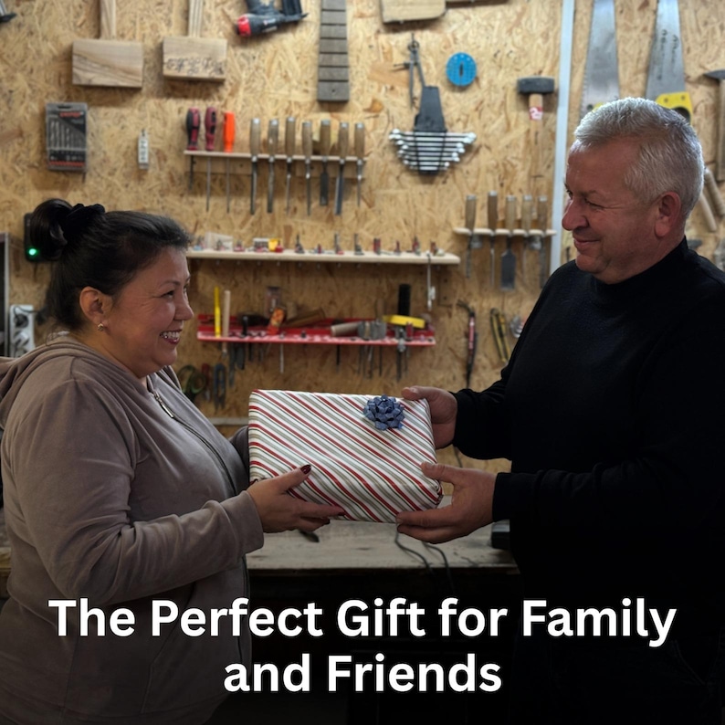 Couple exchanging gifts with a handmade timber chisel set, practical gift idea for woodworking projects
