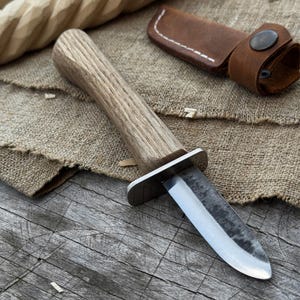 Forged Carving Knife for Beginners. Carbon Steel Blade. Ash Handle. Leather Sheath. Safe Knife for Whittling, Carving and Sculptural Work
