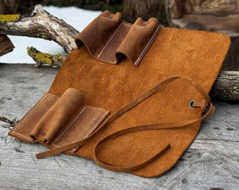 Universal Leather Tool Roll with 3 Pockets. Genuine Leather Crazy Horse. Tool Storage Bag. Roll for Chisels, Gouge, Knives. Gift For Men.