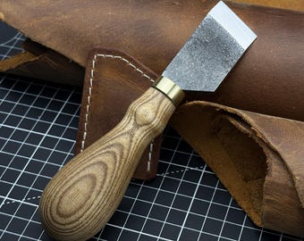 Beveled Skiving Knife. Razor Sharp Blade. Leather Japanese Knife. Hand Forged from Hardened Carbon 52100 Steel, Ash Handle, with Sheath.