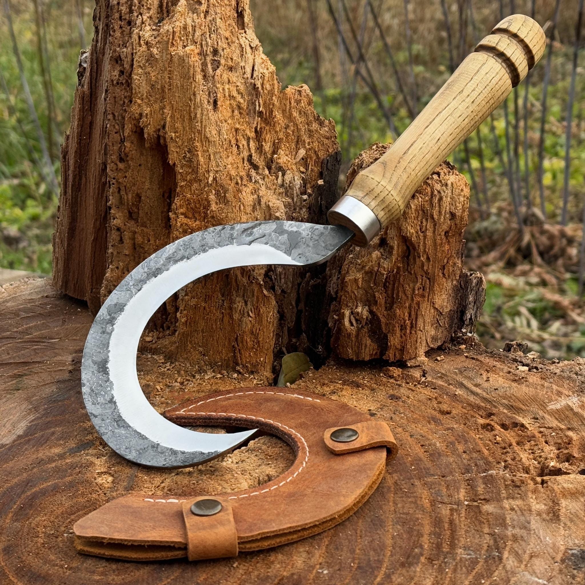Small Garden Sickle – Handcrafted 52100 Carbon Steel Blade, Ash