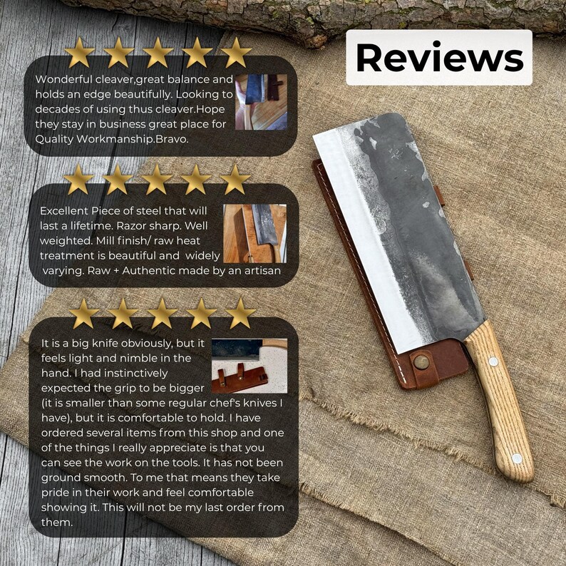 Puede incluir: Un cuchillo de carnicero grande, hecho a mano, con mango de madera y funda de cuero. La hoja es plateada y el mango es de madera clara. La imagen incluye la palabra "Rese&ntilde;as" y testimonios de clientes.