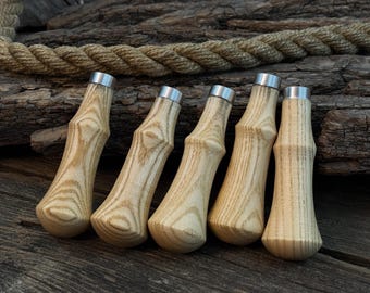 Set of 5 Ash Wood Replacement Handles with Aluminum Rings. Ergonomic Handles for Carving Knives, Small Chisels, Gouges & Woodworking Tool.