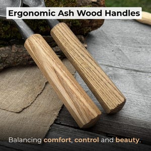 May include: Close-up of two wooden handles with metal attachments. The handles are made of light-colored ash wood and have an ergonomic design. Text at the top reads "Ergonomic Ash Wood Handles." Text at the bottom reads "Balancing comfort, control and beauty."