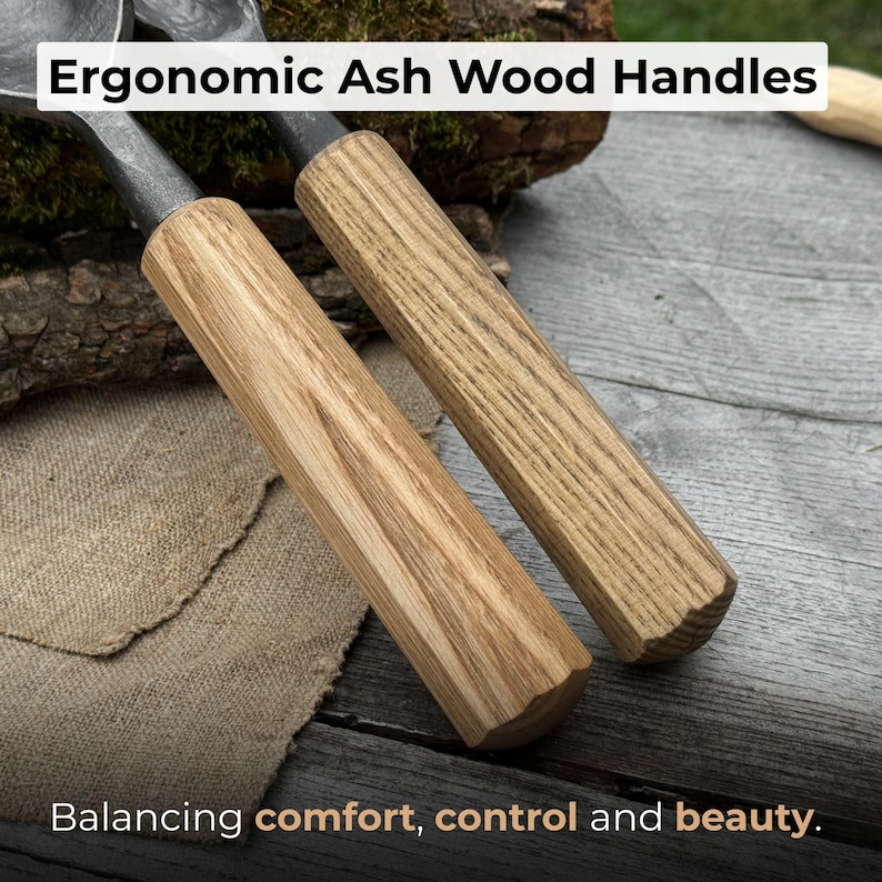 May include: Close-up of two wooden handles with metal attachments. The handles are made of light-colored ash wood and have an ergonomic design. Text at the top reads "Ergonomic Ash Wood Handles." Text at the bottom reads "Balancing comfort, control and beauty."