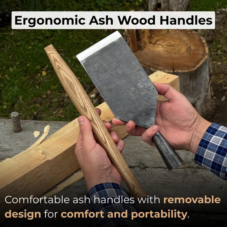 Ash wood handles close-up showing ergonomic shape and natural grain, comfortable hand tools for carpentry