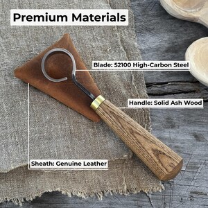 May include: A wood carving hook knife with a curved blade made of 52100 high-carbon steel. The handle is solid ash wood, and it includes a genuine leather sheath. The text "Premium Materials" is at the top.