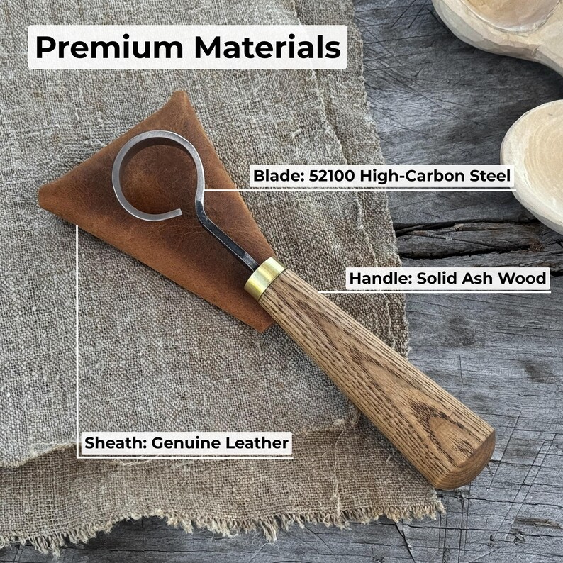May include: A wood carving hook knife with a curved blade made of 52100 high-carbon steel. The handle is solid ash wood, and it includes a genuine leather sheath. The text "Premium Materials" is at the top.