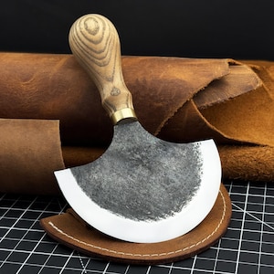 Leather Half Moon Knife. Razor Sharp Blade. Head Knife. Hand Forged from Hardened Carbon 52100 Steel, Ash Wood Handle, with Leather Sheath image 1