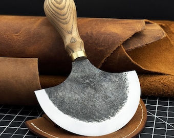 Leather Half Moon Knife. Razor Sharp Blade. Head Knife. Hand Forged from Hardened Carbon 52100 Steel, Ash Wood Handle, with Leather Sheath