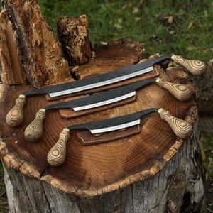 Curved Blade Drawknives – Custom Sizes Available – 52100 Carbon Steel Blades, Ash Handles, Leather Sheaths. Hand Forged Woodworking Tool