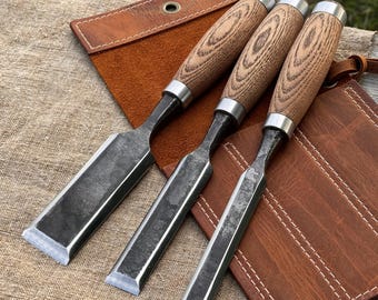 Chisels for Wood Carving – Hand Forged 52100 Carbon Steel Blades, Ash Handles – Bevel Edge Chisels Woodworking