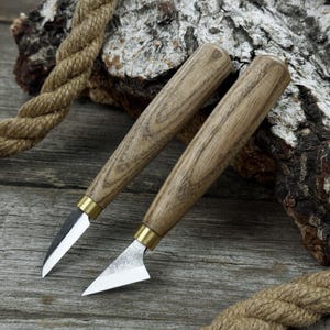Set of 2 Geometric Carving Knives. Sharp Carbon Steel Blades, Ash Wood Handles. Detail Wood Carving Knives. Hand-Forged Chip Carving Knife.