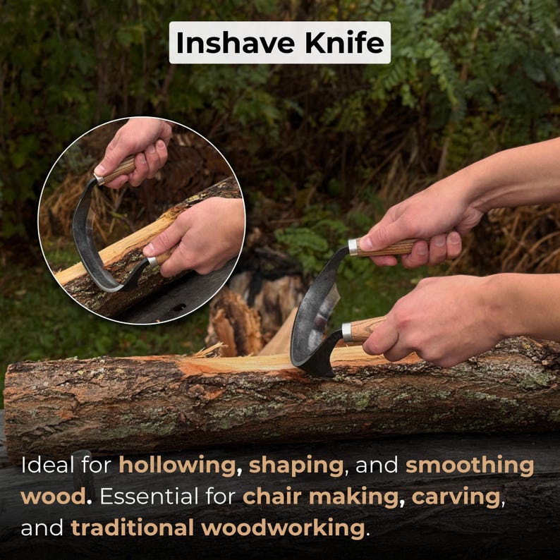 May include: An inshave knife with a curved blade and wooden handle is shown in use, shaping a piece of wood. The image includes the text "Inshave Knife" and describes the tool's use in woodworking, chair making, and carving.
