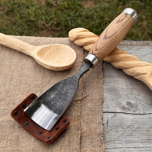 Curved Wood Carving Chisel – 52100 Steel Blade with Ash Handle, Leather Sheath – Hand-Forged Gouge for Spoons, Bowls & Figurine Carving.