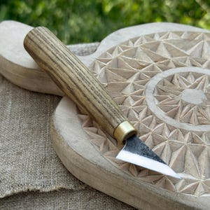 Chip Carving Knife for Wood Projects. Sharp Carbon Steel Blade, Ash Handle. Hand-Forged Knife for Geometric Carving. Detail Carving Knife.