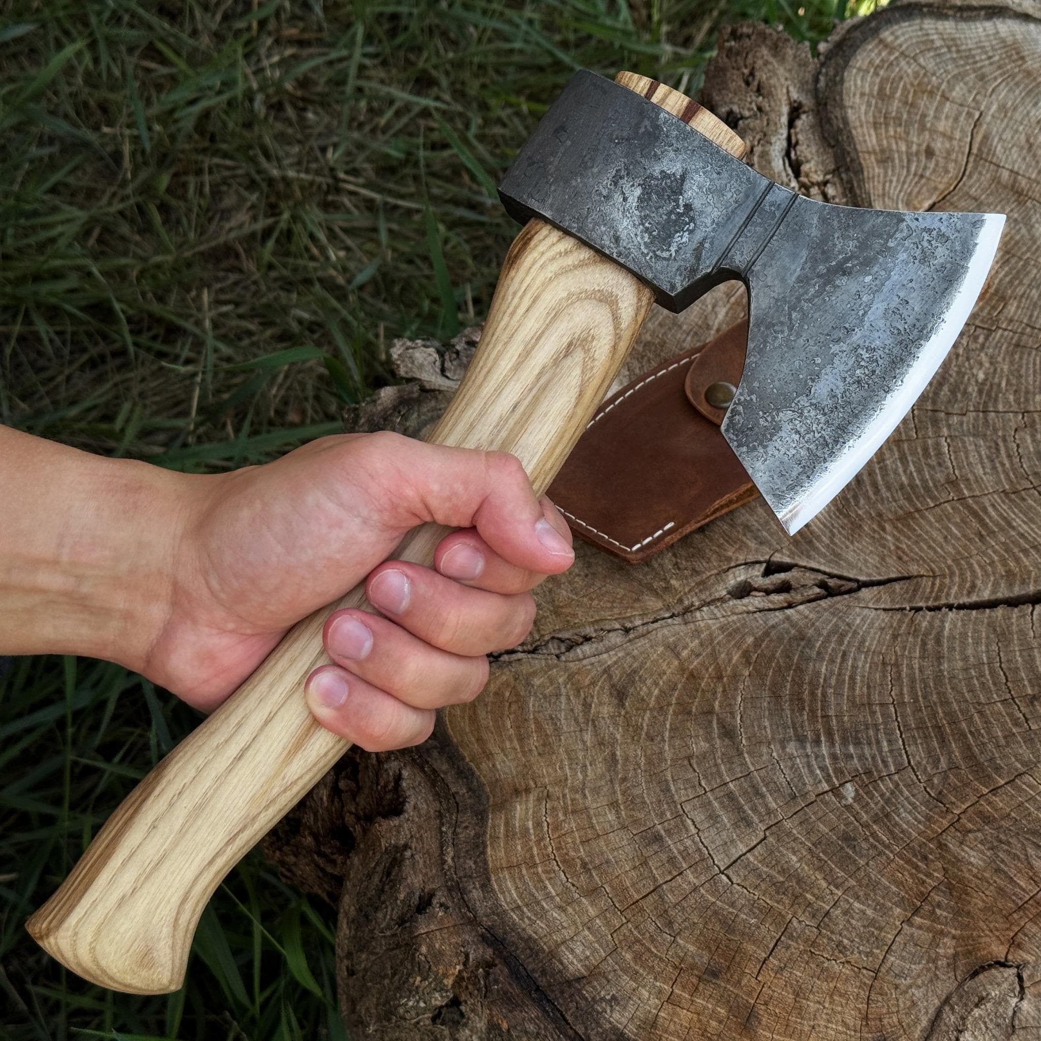 Hand Forged Axe for Wood Carving – 52100 Carbon Steel Blade, Ash