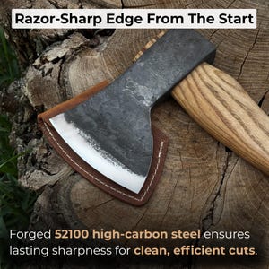 Mała siekiera do rzeźbienia w drewnie. Ostre ostrze. Kuta ręcznie z hartowanej stali węglowej 52100, ergonomiczna rękojeść jesionowa. Pochwa skórzana. Siekiera do rzeźbienia w kształcie łyżki. zdjęcie 3