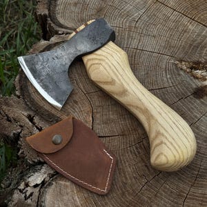 Woodworking Axe for Carving Project. Forged Hardened Carbon Steel Blade, Ash Wood Handle, Leather Sheath. Hatchet for Chopping and Bushcraft