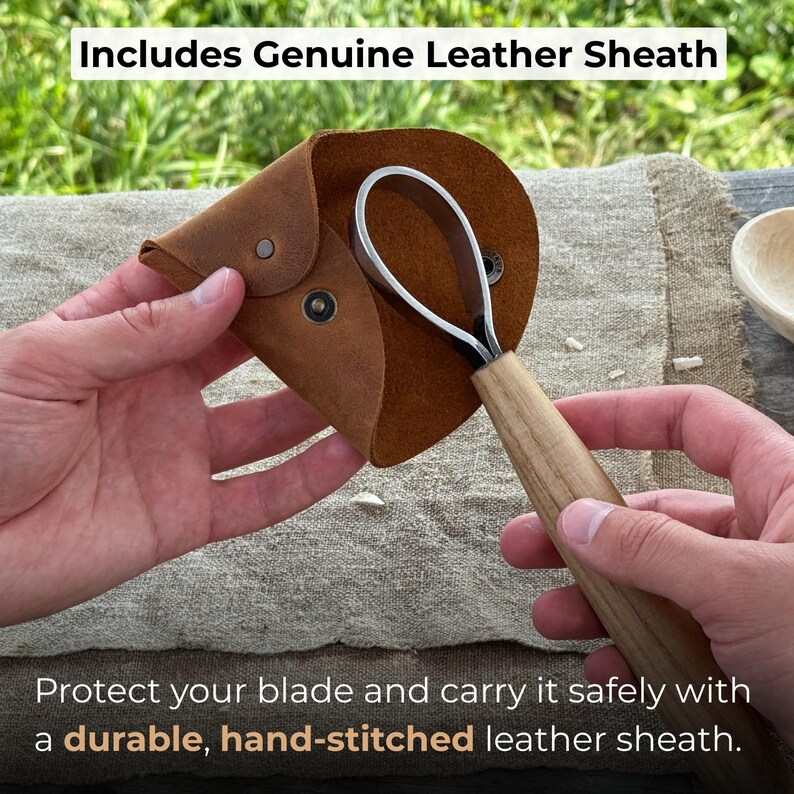 Lepel Carving Schorpioenmes. Vlijmscherp mes. Handgesmeed van 52100-koolstofstaal, ergonomisch essenhouten handvat, met leren schede. Houtsnijwerk. afbeelding 4