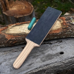 14" leren messenslijpriem. Eikenhouten plank. Inclusief polijstpasta. Messen slijpen. Leren strop slijpen. Enkelzijdige strop
