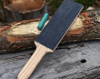 Cinturón de cuero para afilar cuchillos de 35,5 cm. Tabla de madera de roble. Incluye pasta de pulido. Afilado de cuchillos. Afilado con asentador de cuero. Asentador de un solo lado.