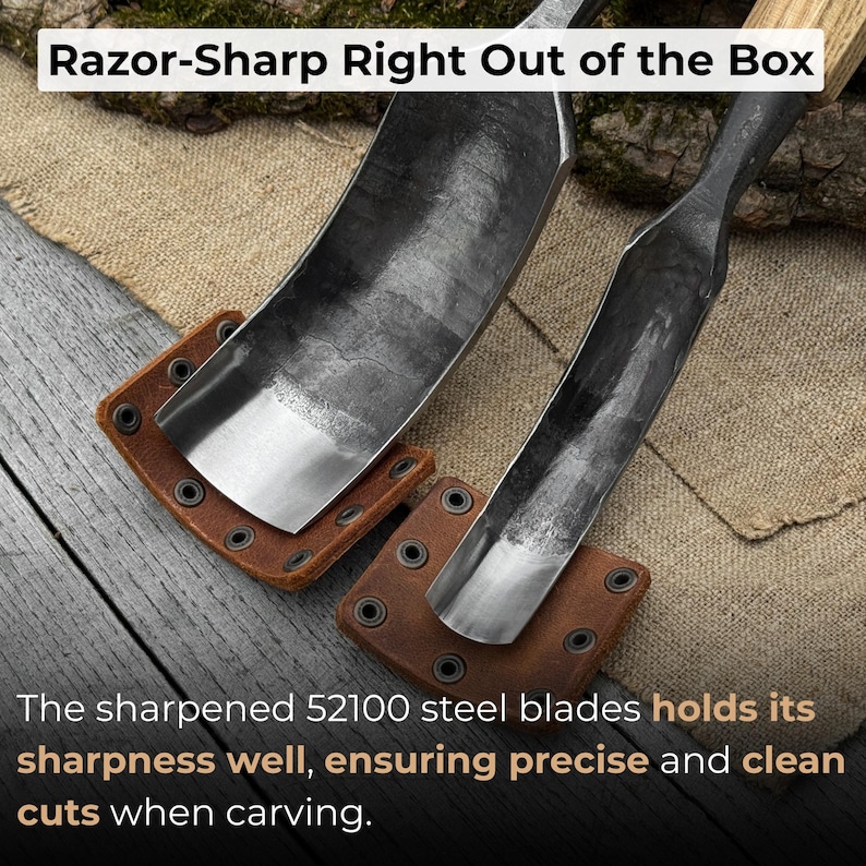 May include: Two carving tools with curved blades rest on brown leather sheaths. The text "Razor-Sharp Right Out of the Box" is at the top. The text at the bottom says the blades hold their sharpness well.