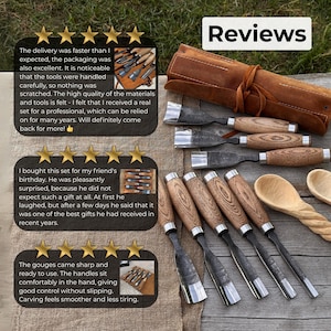 May include: A set of wood carving tools featuring metal blades and wooden handles, accompanied by a brown leather roll-up storage case and two carved wooden spoons. The image includes text reviews with five-star ratings and the word Reviews.