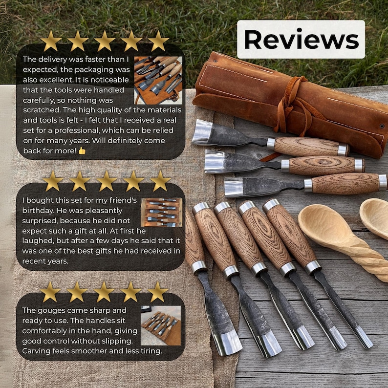 May include: A set of wood carving tools featuring metal blades and wooden handles, accompanied by a brown leather roll-up storage case and two carved wooden spoons. The image includes text reviews with five-star ratings and the word Reviews.