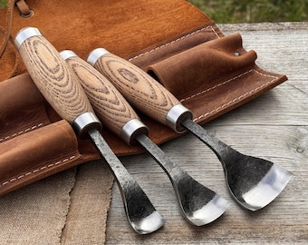 Hand-Forged Spoon Carving Gouges – Choose Your Size or Set of 3 – Sharp Carbon Steel Blades, Ergonomic Ash Handle, Spoon & Wood Carving Tool