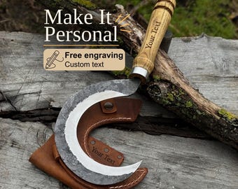 Personalized Small Garden Sickle, Hand Forged Carbon Steel Blade, Ash Handle, Harvesting Sickle