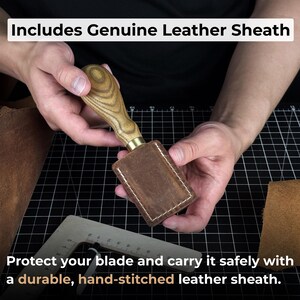 Flat Skiving Knife. Razor Sharp Blade. Hand Forged From Hardened Carbon 52100 Steel, Ergonomic Ash Handle, With Leather Sheath. Leather Tool image 5