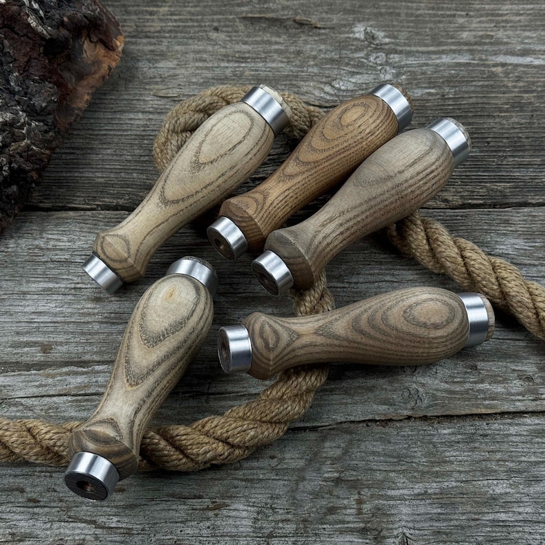 Set of 5 Round Ash Wood Handles With Aluminum Rings – Replacement ...