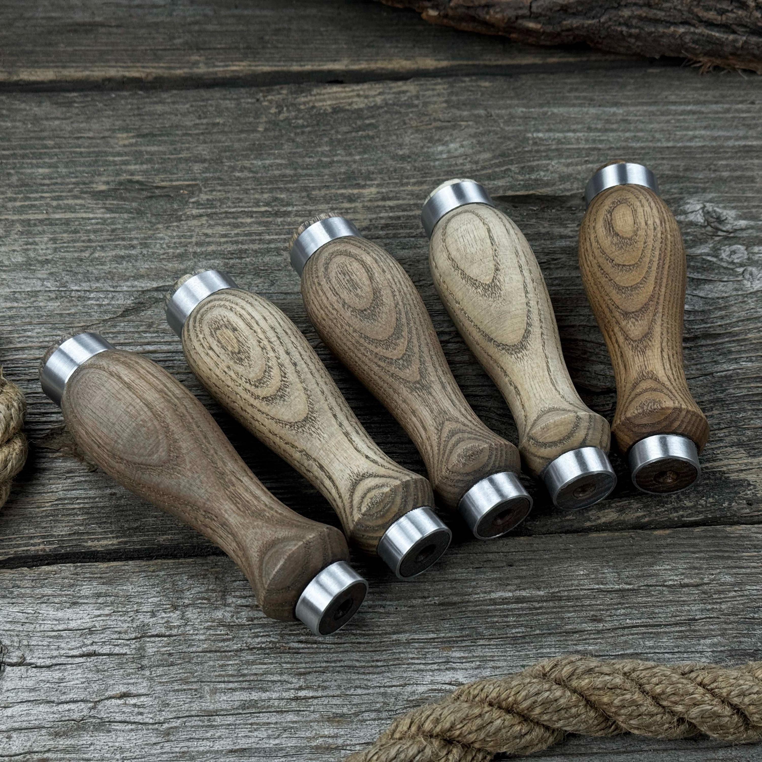 Set of 5 Round Ash Wood Handles With Aluminum Rings – Replacement ...