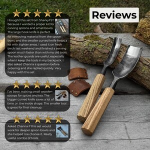 May include: Two carving knives with wooden handles and curved blades. The blades are dark metal, and the handles are light-colored wood. The image also shows leather guards and text that says "Reviews".