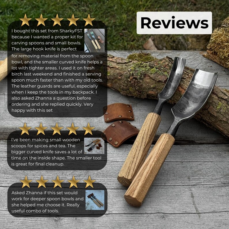 May include: Two carving knives with wooden handles and curved blades. The blades are dark metal, and the handles are light-colored wood. The image also shows leather guards and text that says "Reviews".
